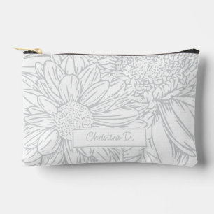 Pochette À Accessoires Chrysanthèmes gris sur fond blanc avec nom
