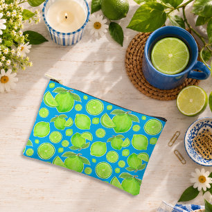 Pochette À Accessoires Citrons verts éparpillés ludiques sur fond bleu vi