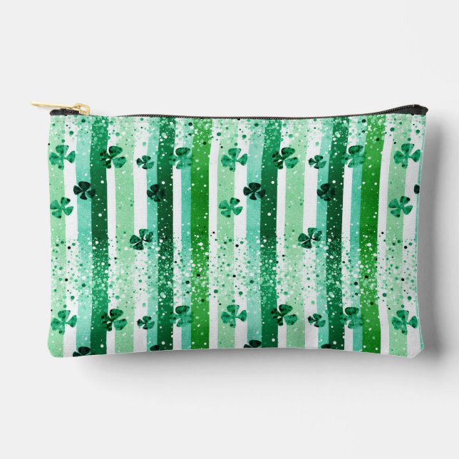 Pochette À Accessoires Classic Green White Vertical Stripes Shamrocks (Recto)