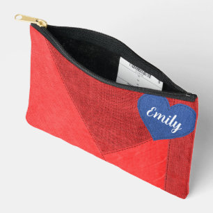 Pochette À Accessoires Coeur bleu Denim sur rouge