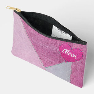 Pochette À Accessoires Coeur Denim Rose Avec Nom