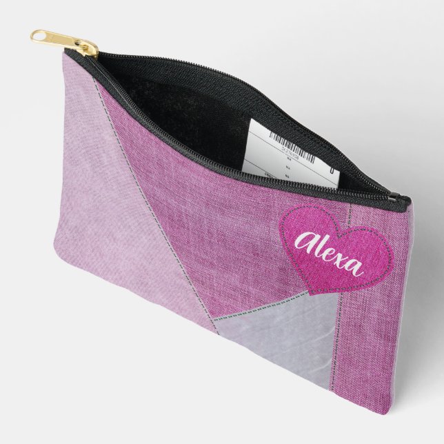 Pochette À Accessoires Coeur Denim Rose Avec Nom (Ouvrir)