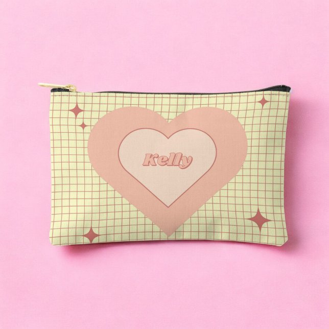 Pochette À Accessoires Coeur rose À damiers Motif Saint Valentin (Pink Heart Checkered Pattern Valentine's Day Accessory Pouch)