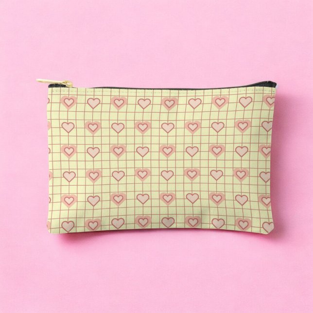 Pochette À Accessoires Coeur rose À damiers Motif Saint Valentin (Pink Heart Checkered Pattern Valentine's Day Accessory Pouch)