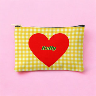 Pochette À Accessoires Coeur rouge Jaune En vichy Motif Saint Valentin