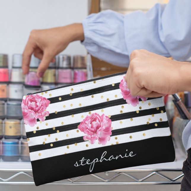 Pochette À Accessoires Cosmétique à bande noire florale personnalisée (Personalized Floral Black Stripe Cosmetic Accessory Pouch)