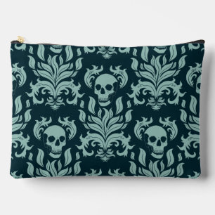 Pochette À Accessoires Crâne flamme Damas en vert menthe sur bleu profond