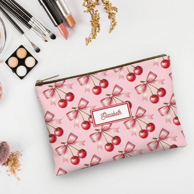 Pochette À Accessoires Cute rouge rose cerise cerise cerise personnalisée (Cute Red Pink Bow Cherry Personalized Accessory Pouch)