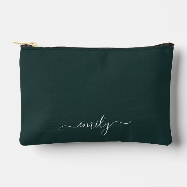 Pochette À Accessoires Dark Green Modern Script Nom du monogramme (Recto)