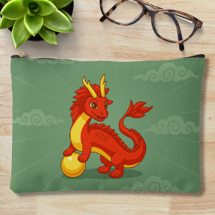 Pochette À Accessoires Dragon Chinois Rouge sur Fond Vert