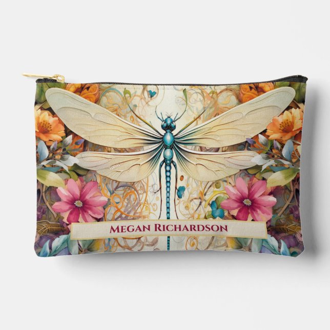 Pochette À Accessoires Dragonfly Et Fleurs sauvages Avec Nom Petit (Recto)