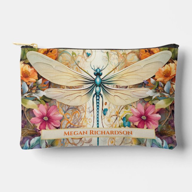 Pochette À Accessoires Dragonfly Et Fleurs sauvages Avec Nom Petit (Recto)