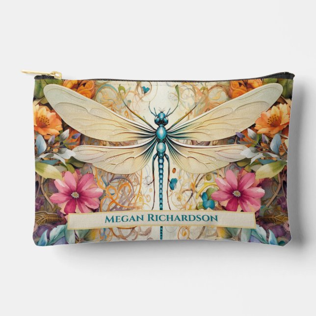 Pochette À Accessoires Dragonfly Et Fleurs sauvages Avec Nom Petit (Recto)