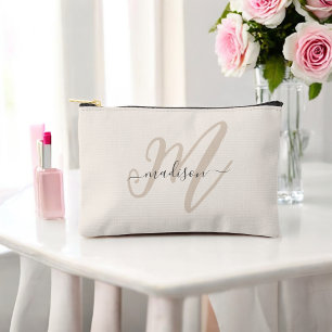 Pochette À Accessoires Écriture en gras Stylé Beige Monogramme et nom