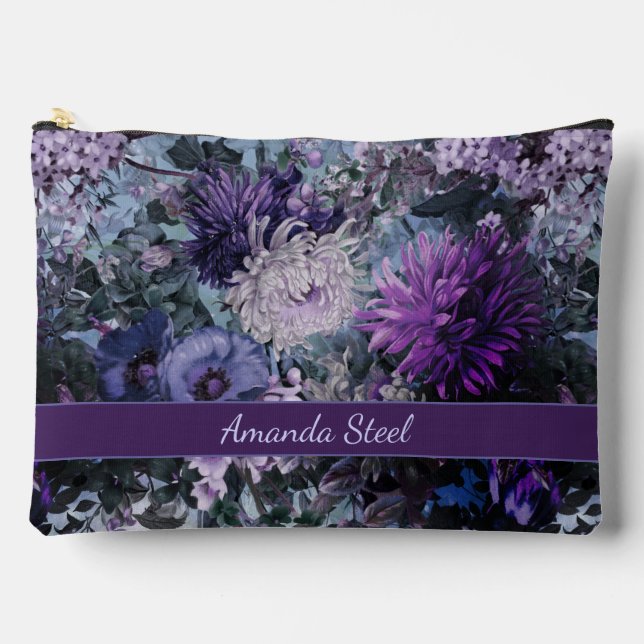 Pochette À Accessoires Élégant bleu violets floral monogrammé (Recto)