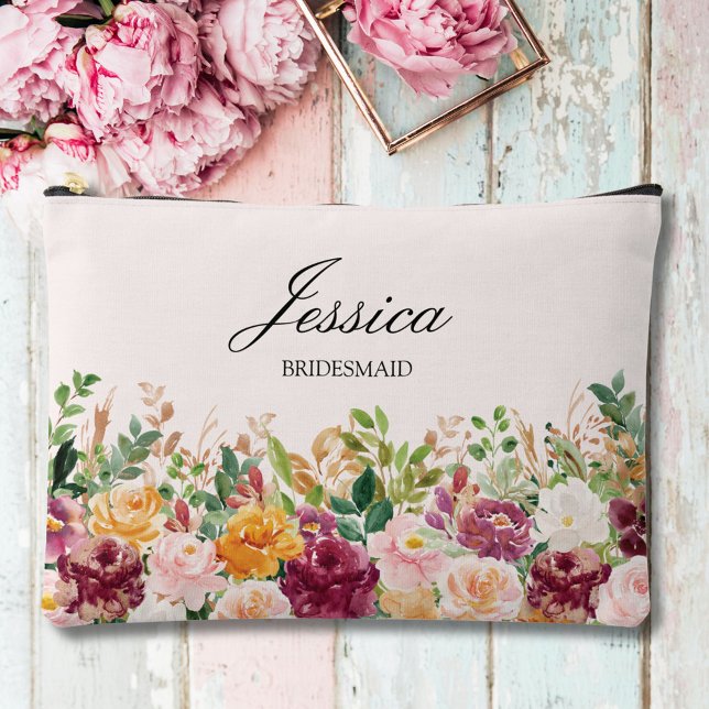 Pochette À Accessoires Élégant Monogramme Aquarelle Rose Fleur Demoiselle (Close up)