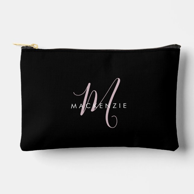 Pochette À Accessoires Élégant Noir Noir Blush Pink Script Monogramme (Recto)