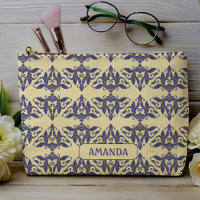Elégant vintage damassé marine bleu jaune monogram