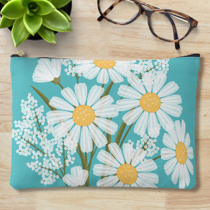 Pochette À Accessoires Elégante marguerite florale blanche sur Turquoise