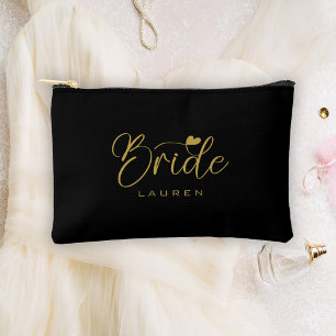 Pochette À Accessoires Élégante Mariée Noir & Or Script Nom Cadeau