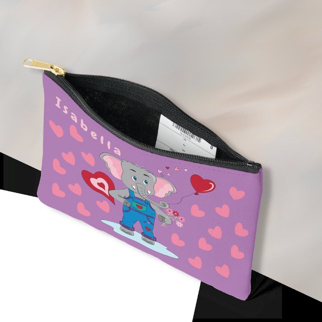 Pochette À Accessoires Eléphant et Coeurs de Carton mignon Pouch violet e (Cute cartoon elephant and hearts small zipper pouch with name .)