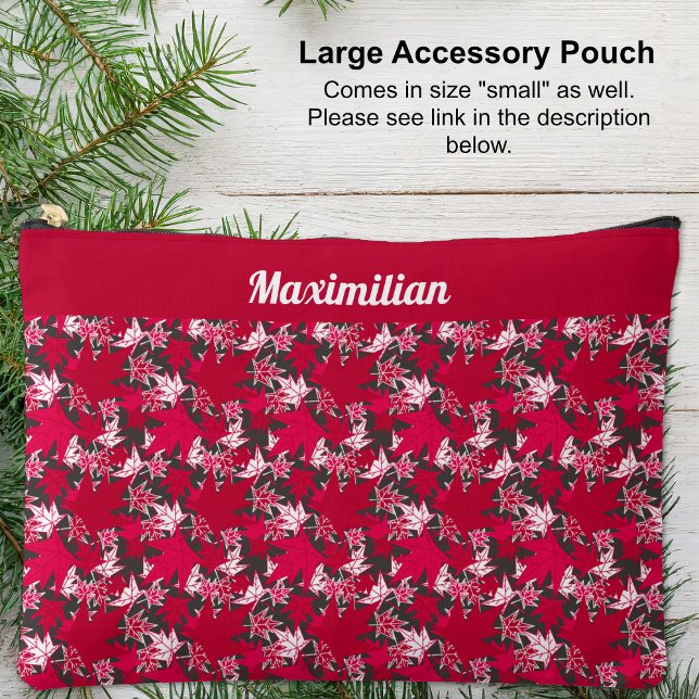Pochette À Accessoires Feuilles d'érable au charbon de bois - GRANDE poch (Red and White Maple Leaves on Charcoal - LARGE Accessory Pouch by The Canadian Outpost shop)