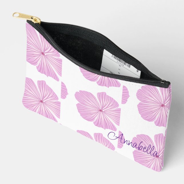 Pochette À Accessoires Fleur Lavatera rose sur blanc (Ouvrir)