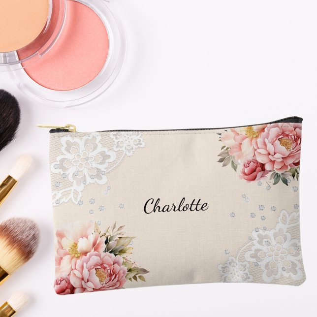Pochette À Accessoires Fleur rose dentelle pêche beige (Créateur téléchargé)