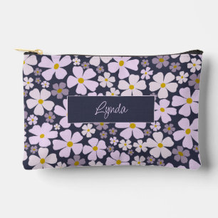 Pochette À Accessoires Fleur rose et violette sur fond bleu foncé et nom