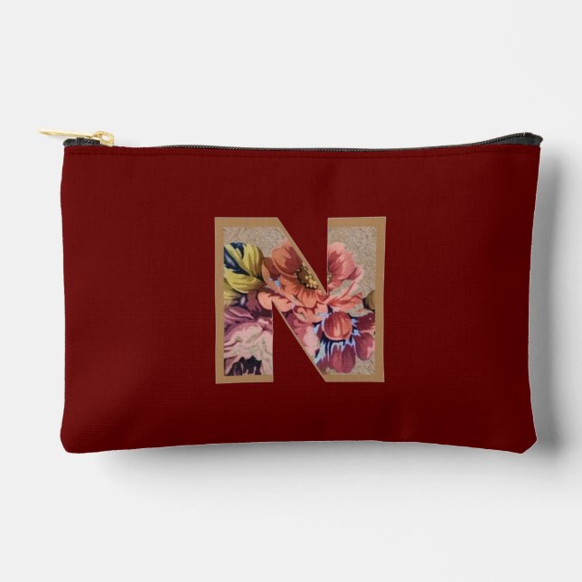 Pochette À Accessoires Fleur Rustique Initiale N Bourgogne (Recto)