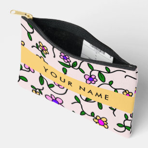 Pochette À Accessoires Fleurs Colorées, Fond Rose, Jaune