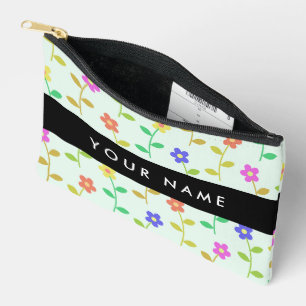 Pochette À Accessoires Fleurs colorées, fond vert clair, noir