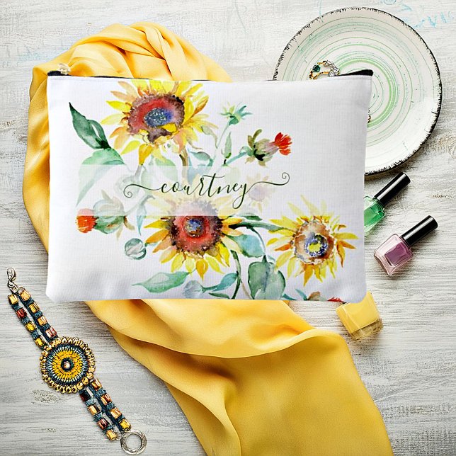 Pochette À Accessoires Fleurs de soleil aquarelles personnalisées (Créateur téléchargé)