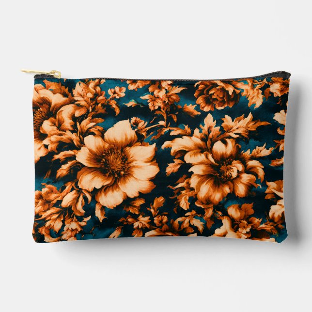 Pochette À Accessoires Fleurs d'or luxueuses, Feuilles sur Bleu (Recto)