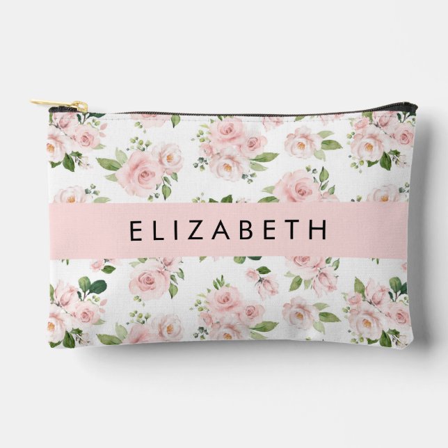 Pochette À Accessoires Fleurs roses, Roses, Fleurs Aquarelles, Votre Nom (Recto)