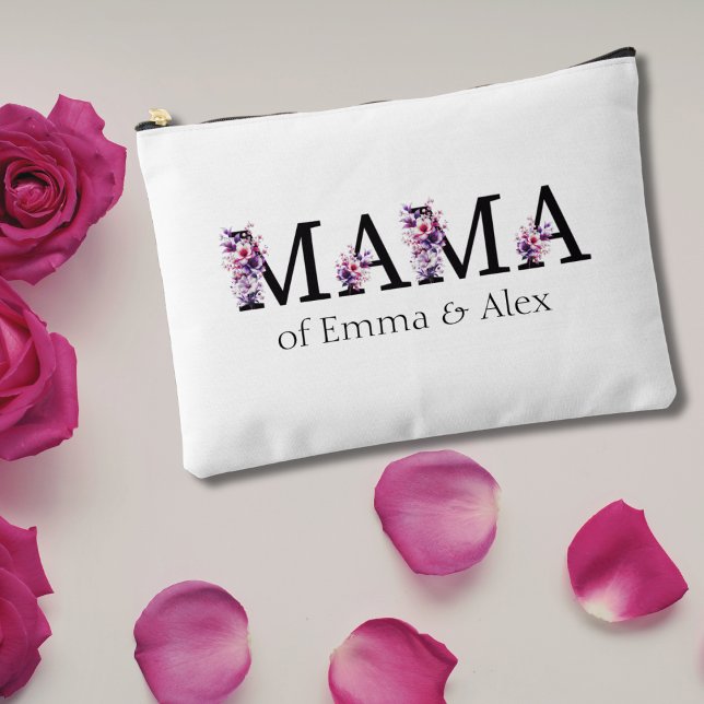 Pochette À Accessoires Floral Mama texte personnalisé Noms des enfants (Créateur téléchargé)