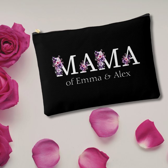 Pochette À Accessoires Floral Mama texte personnalisé Noms des enfants (Créateur téléchargé)