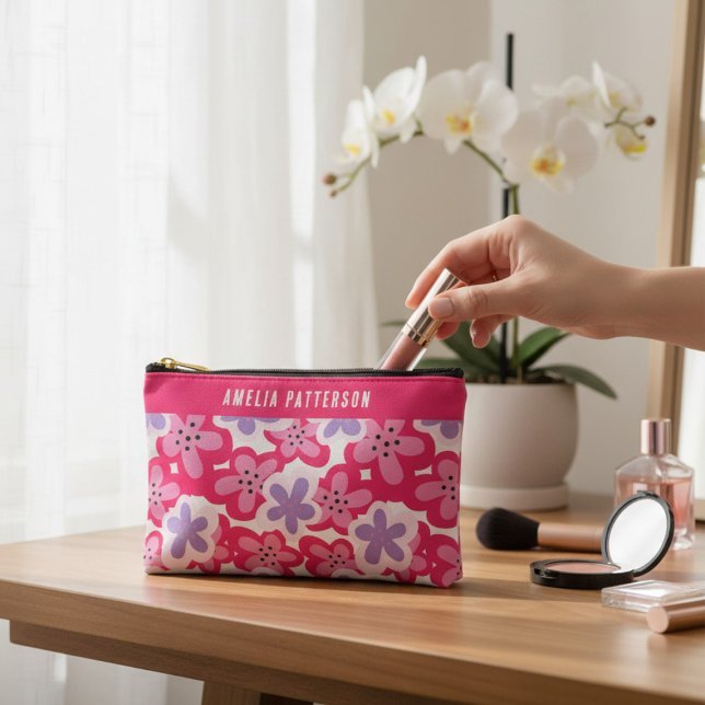 Pochette À Accessoires Floral rose tropical moderne Nom personnalisé (Créateur téléchargé)