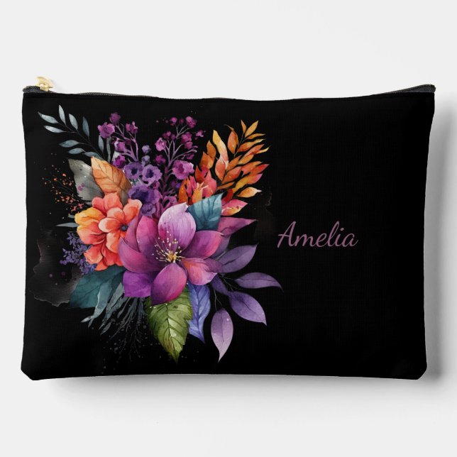 Pochette À Accessoires Florales élégantes et nom sur noir (Recto)