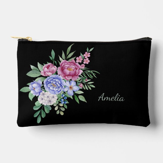 Pochette À Accessoires Florales élégantes sur noir (Recto)
