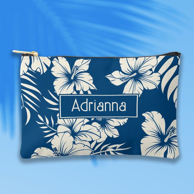 Pochette À Accessoires Flore bleu tropical et blanc (Créateur téléchargé)