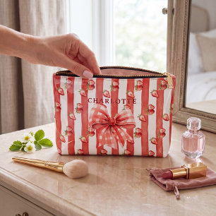 Pochette À Accessoires Fraisier Rouge personnalisé à rayures en aquarelle