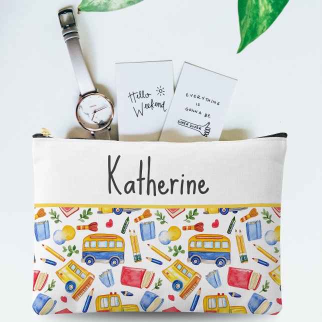 Pochette À Accessoires Funny School Bus Retourner À L'École Nom Motif (Créateur téléchargé)
