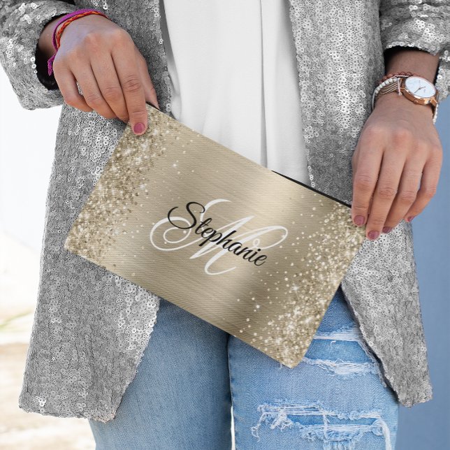 Pochette À Accessoires Glitterie Pale Or Huile Fhuile Fancy Monogramme (Glittery Pale Gold Foil Fancy Monogram Accessory Pouch)