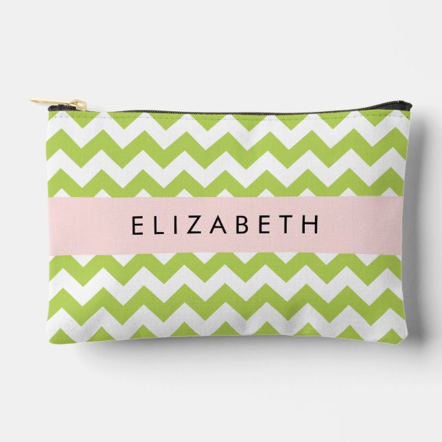 Pochette À Accessoires Green Zigzag, Green Chevron, Votre Nom (Recto)