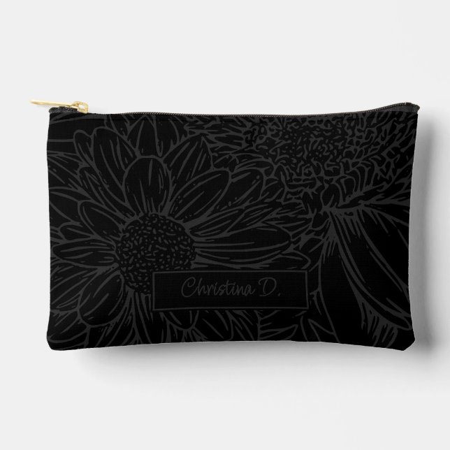 Pochette À Accessoires Grey on Black Chrysanthemums with Name (Recto)