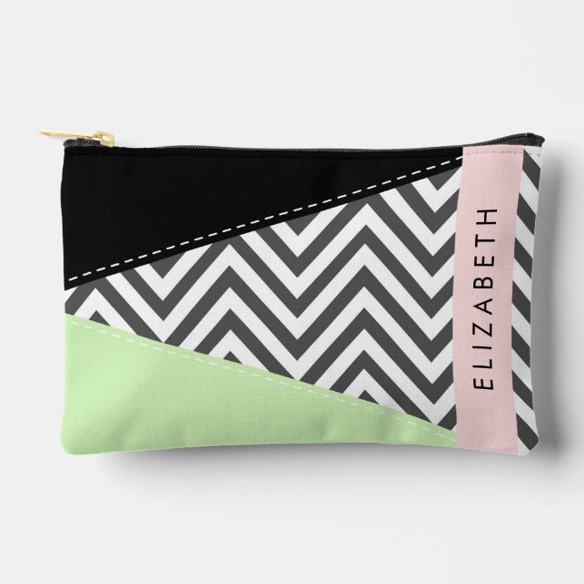 Pochette À Accessoires Grey Zigzag, Grey Chevron, Mint, Votre Nom (Recto)