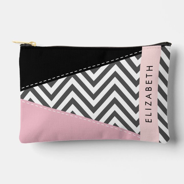 Pochette À Accessoires Grey Zigzag, Grey Chevron, Rose, Votre Nom (Recto)