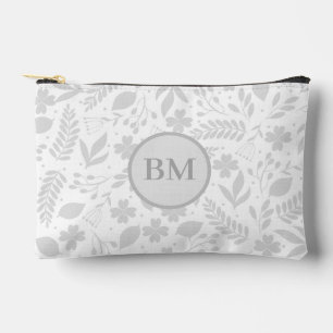 Pochette À Accessoires Gris argenté & Blanc Boho Feuilles Monogramme 
