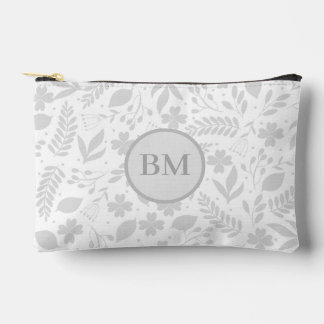 Pochette À Accessoires Gris argenté & Blanc Boho Feuilles Monogramme 